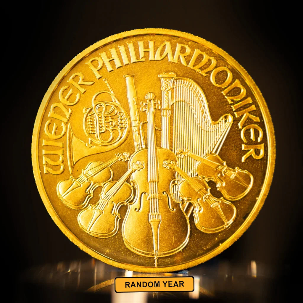 1oz Gold Philharmonic coin random year reverse