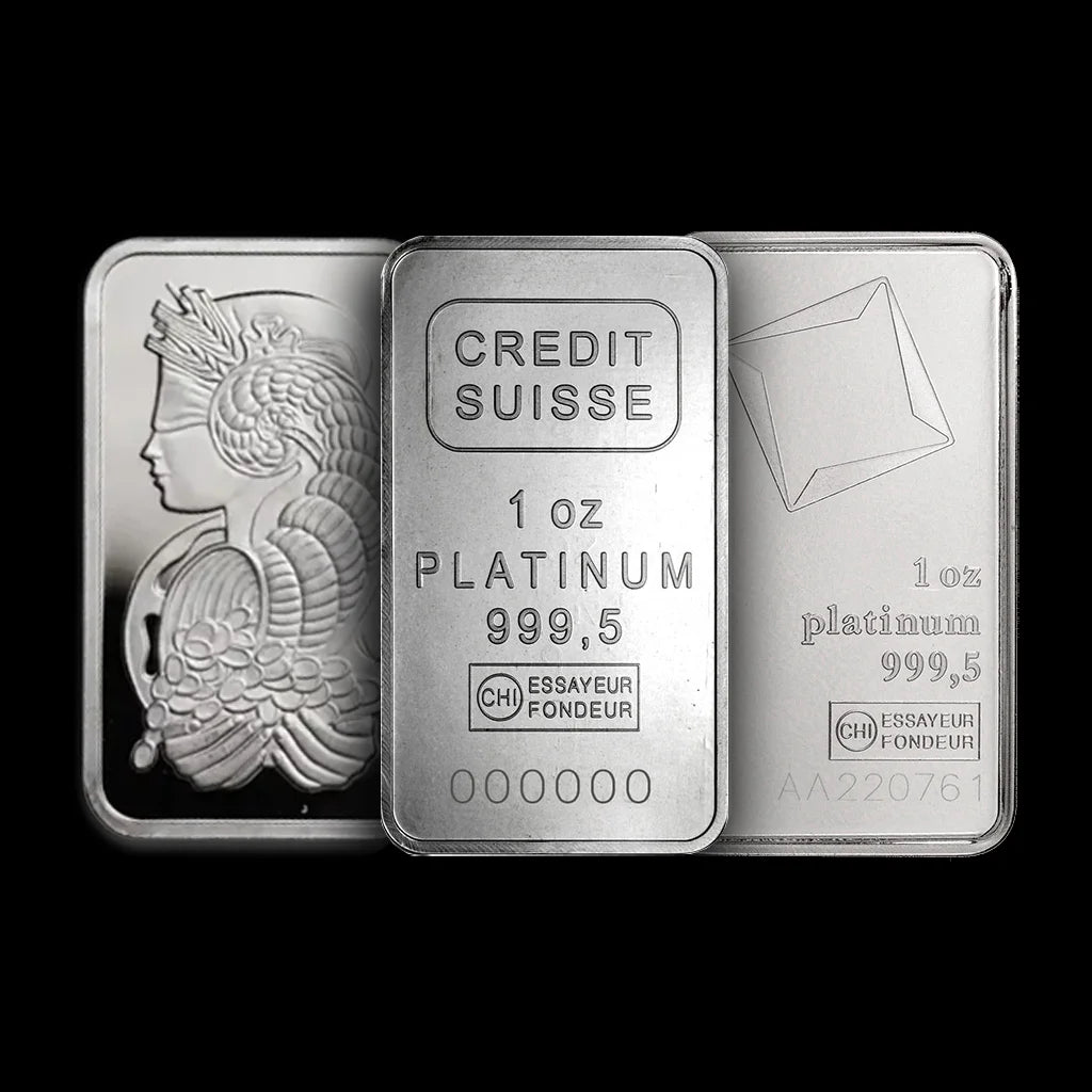 Credit Suisse and PAMP platinum bar with detailed design on a black background