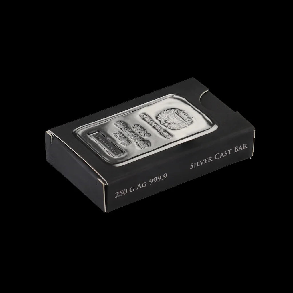 200 Gram Silver Cast Bar Germania Mint Box
