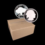 A box containing 500 troy ounces of .999 fine silver Asahi 1 oz Buffalo Silver Rounds, with a depiction of a buffalo on the coin's design.