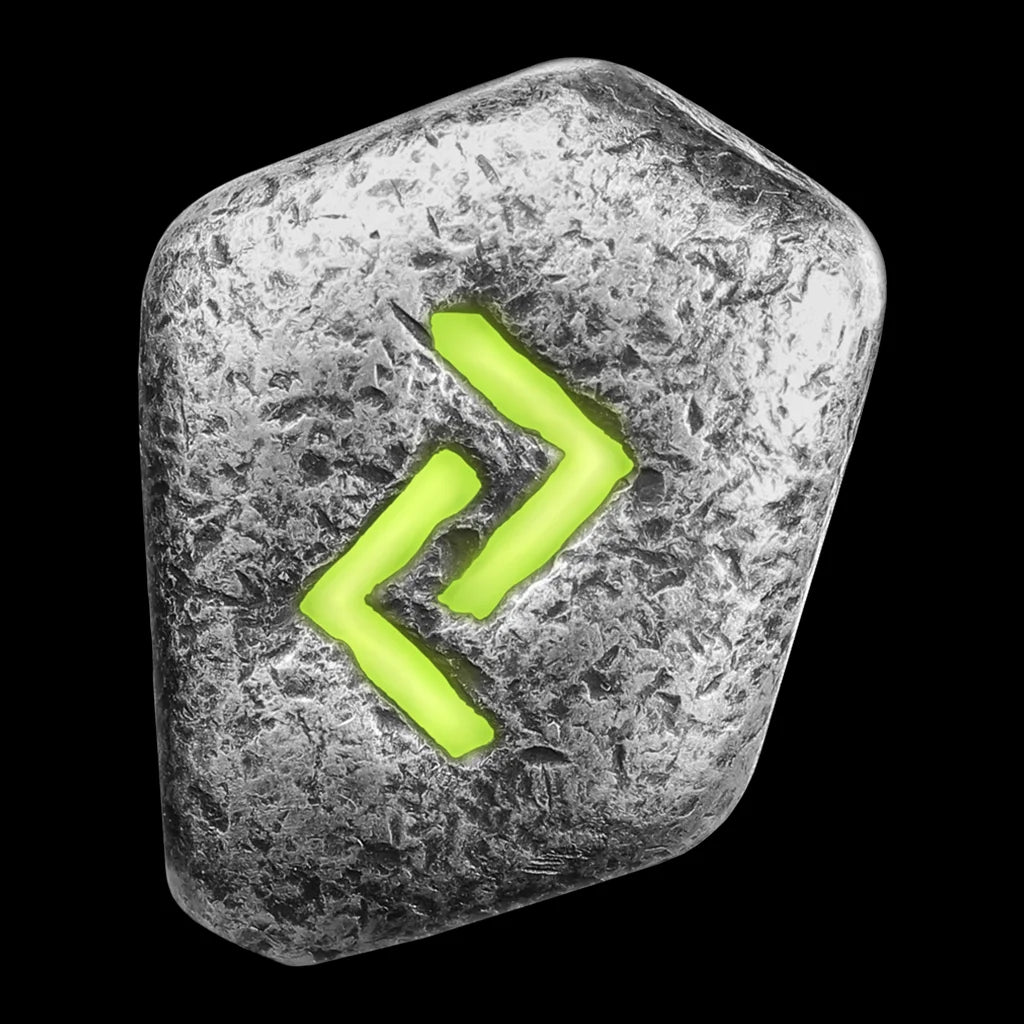 A 1 oz cast silver bar with the Jera rune symbol, featuring a serial number and official mint mark, against a textured grey background.