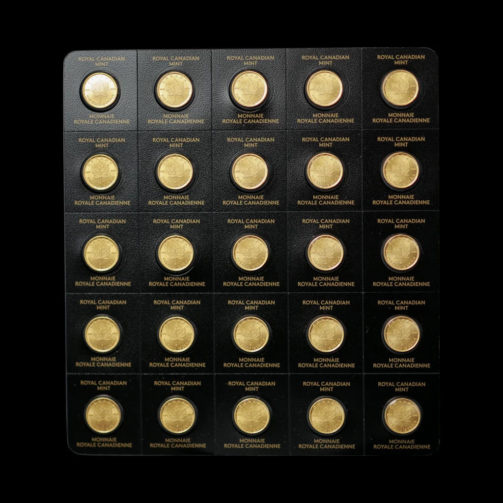 An array of 25 individual 1-gram gold coins from Canada, each with the iconic sugar maple leaf on the reverse and the effigy of Queen Elizabeth II on the obverse, sealed in a divisible blister pack.