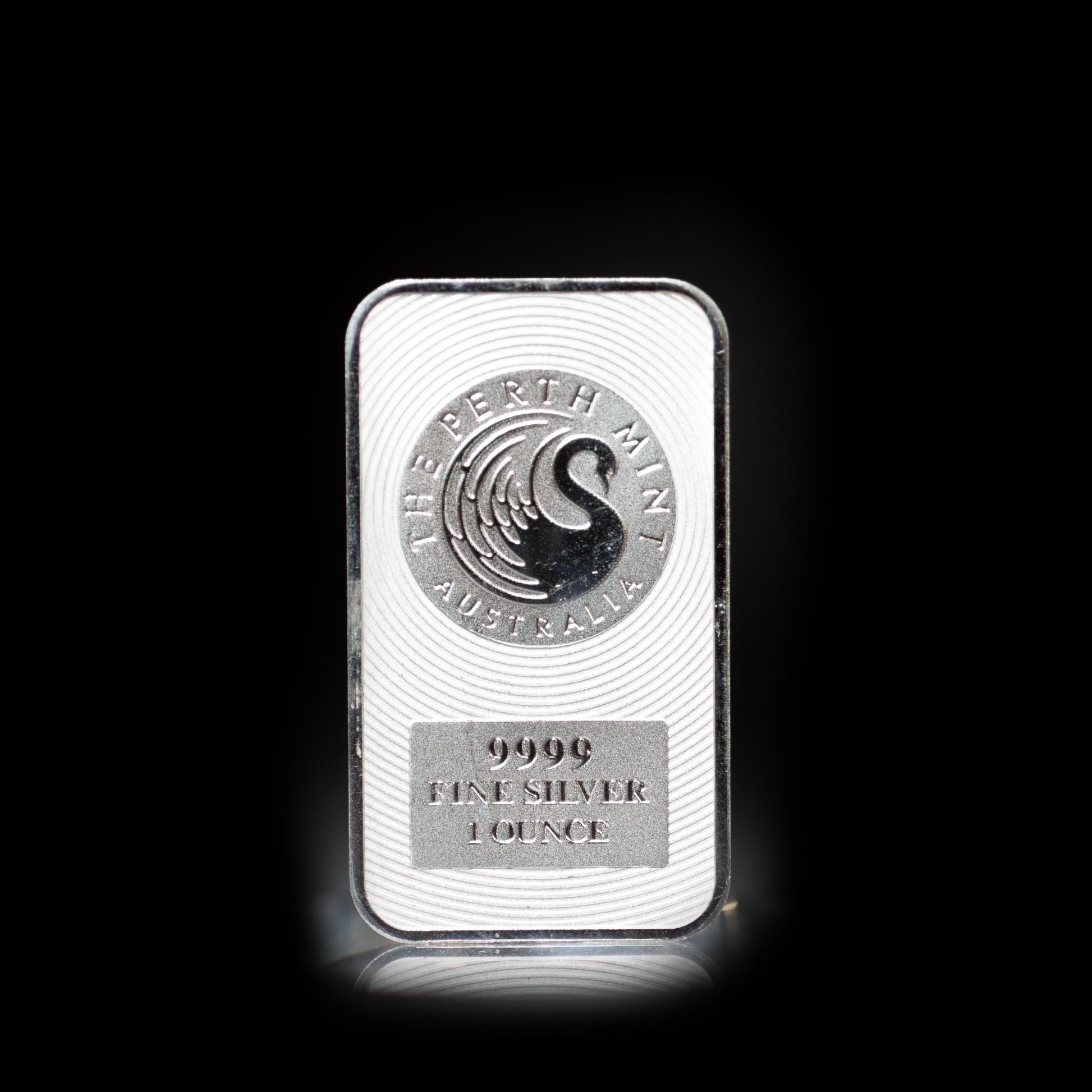 A 1 oz silver bar featuring a kangaroo design and labeled 'Fine Silver' with 'The Perth Mint' branding.