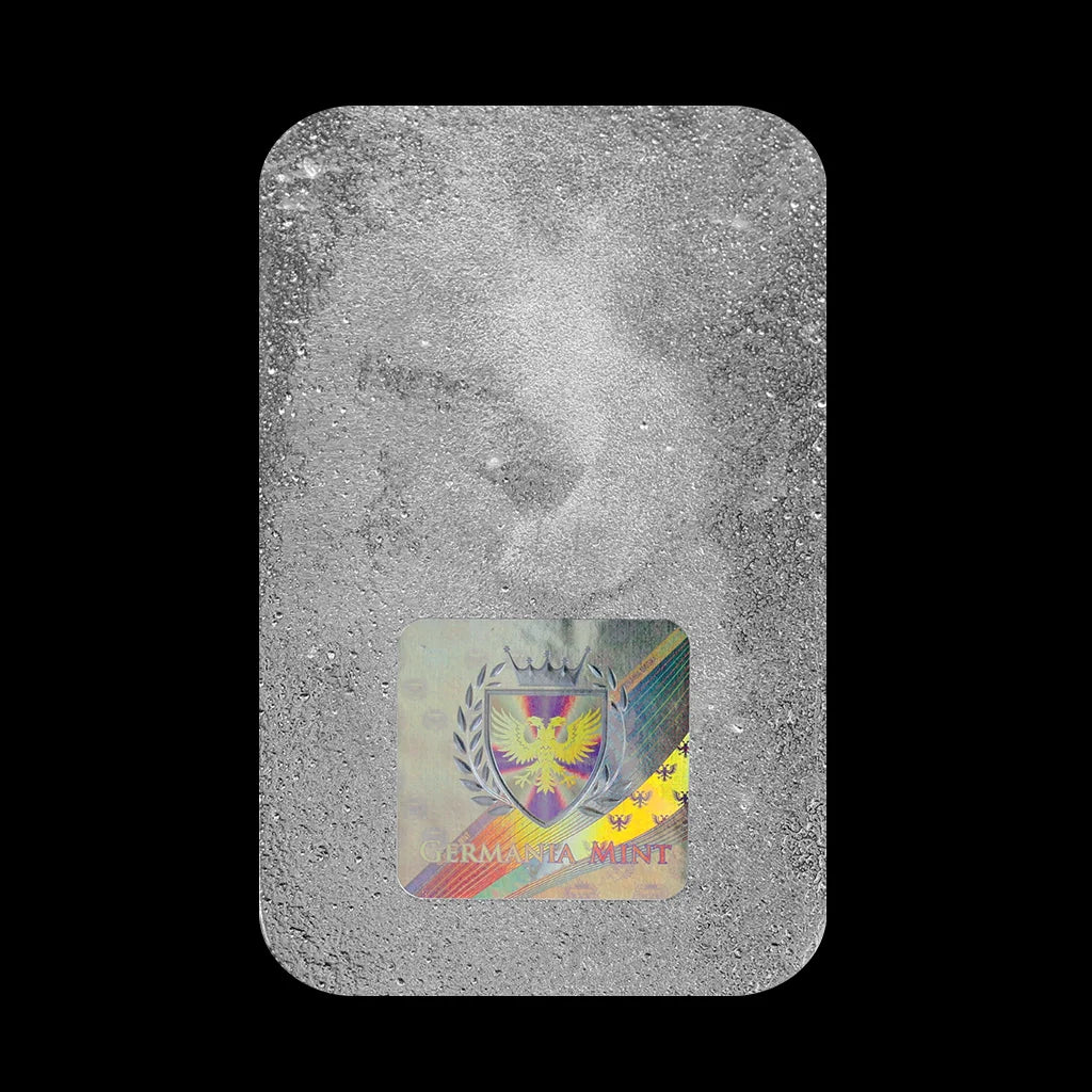 A 5 oz silver cast bar with the Germania Mint branding, serial number, and weight indication on it. Reverse