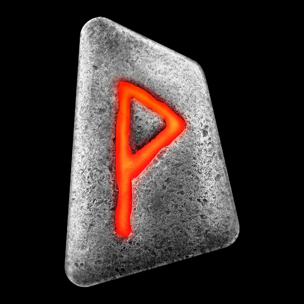 A 1 oz silver cast bar with the Wunjo Rune design, featuring a bright red rune on a grey, textured background, symbolizing joy and harmony.