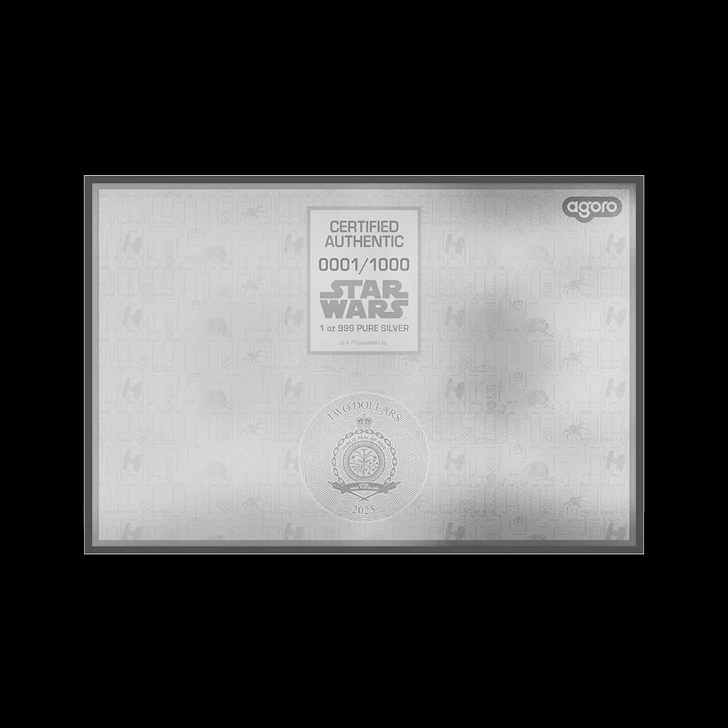 Star Wars Blueprint-style drawing of the X-Wing Fighter Ship Collectible Silver Coin Reverse