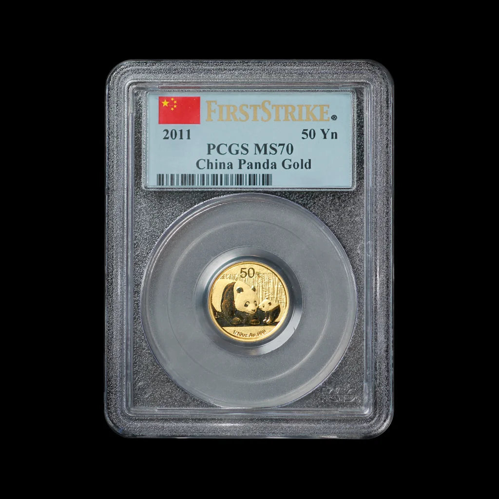 Chinese Gold coin in a protective holder with 'First Strike' and 'PCGS MS70' labels on a black background