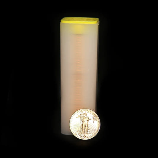 A mint-sealed tube containing 40 coins, each coin is a 2025 1/2 oz American Gold Eagle, displayed with a coin beside it for scale.
