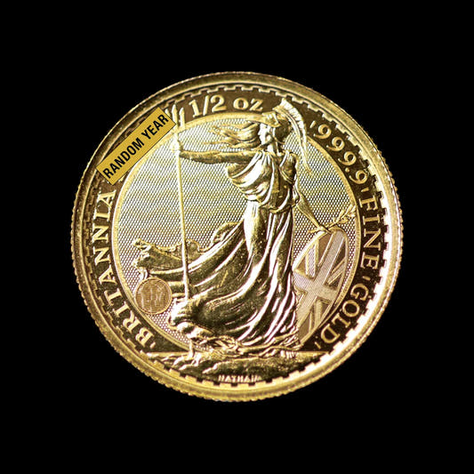 Gold coin with Britannia design on a black background