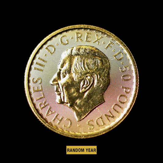 Gold coin with a portrait on a black background (Gold Britannia)