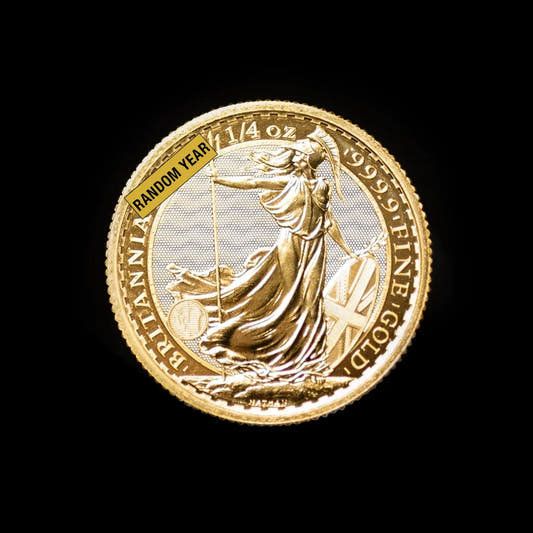 Gold coin with 1/4 oz  Britannia design on a black background