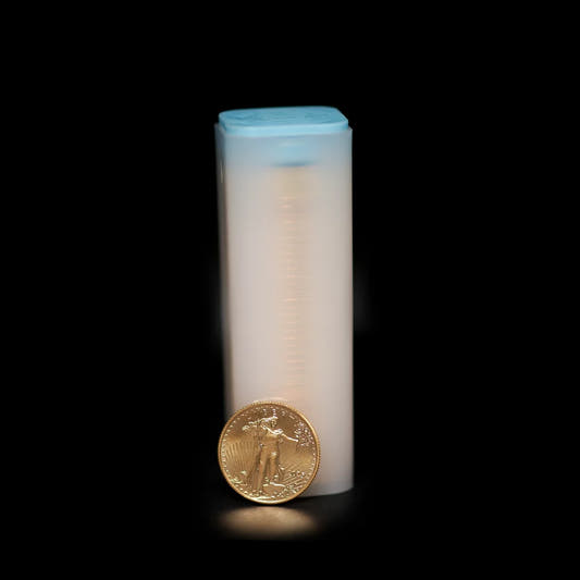 A mint sealed tube containing a 1/4 oz American Gold Eagle coin, displayed against a black background.