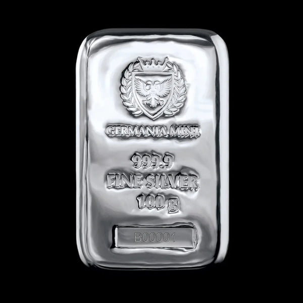 FINE MINT 100グラム・シルバーバー 100 Gram Cast Silver Bar – Germania Mint .999 | Summit Metals
