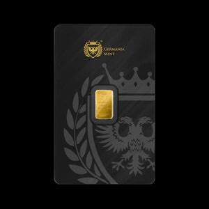 Gold bar in a black holder with 'Germania Mint' branding on a black background