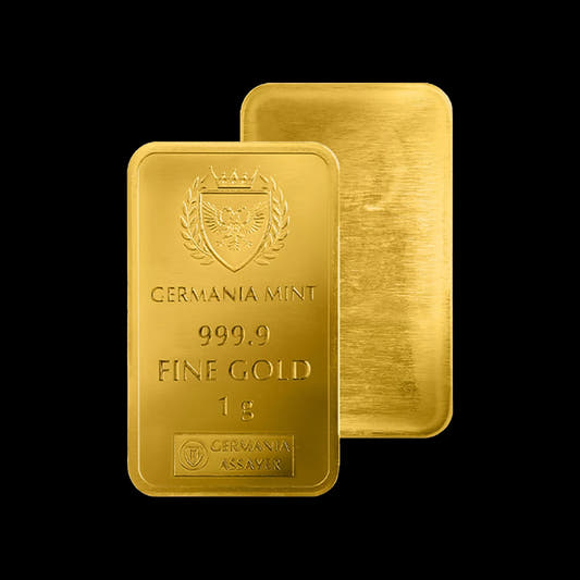 Gold bar with 'Germania Mint' branding on a black background