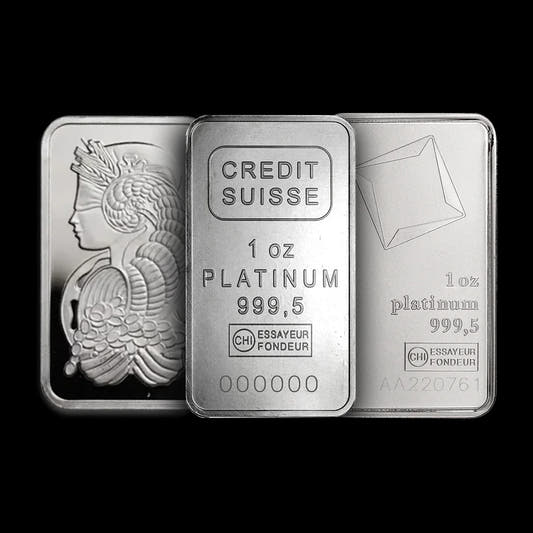 Credit Suisse and PAMP platinum bar with detailed design on a black background