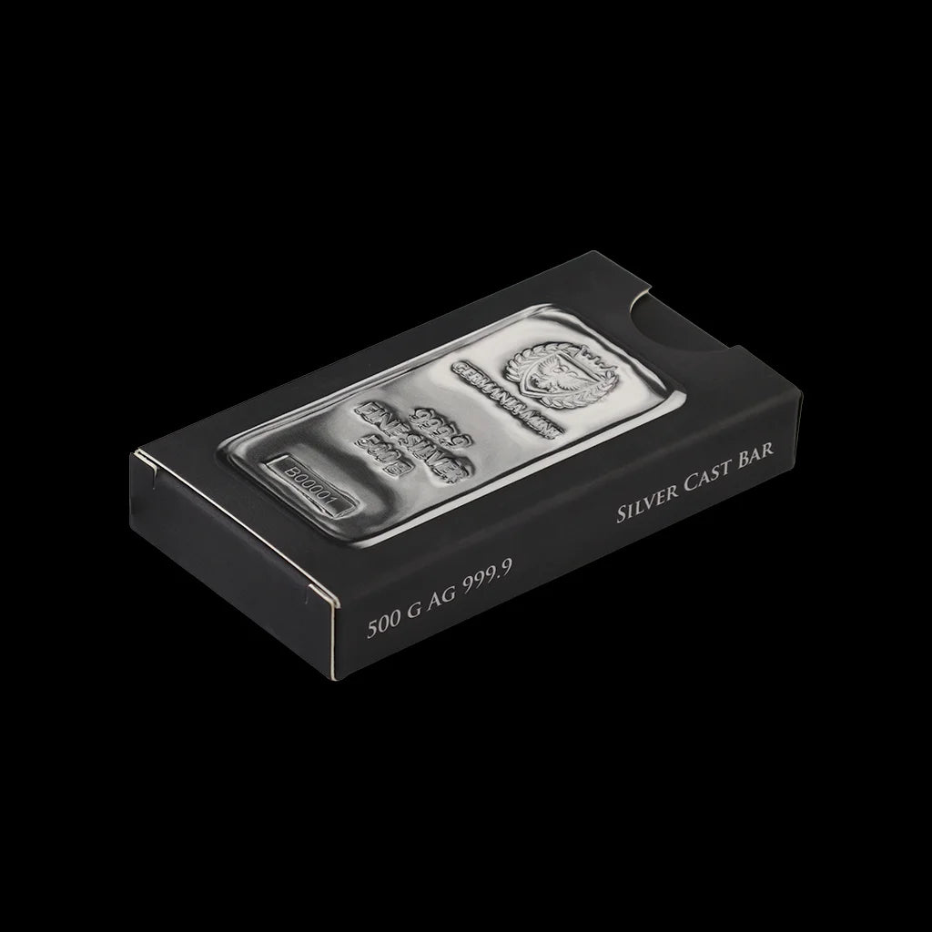 500 Gram Silver Cast Bar Germania Mint Box
