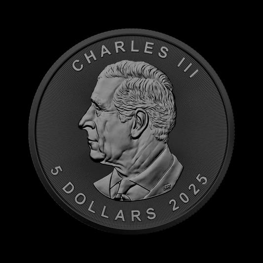 2025 1 oz Silver Maple Leaf coin ennobled with black platinum and ruthenium