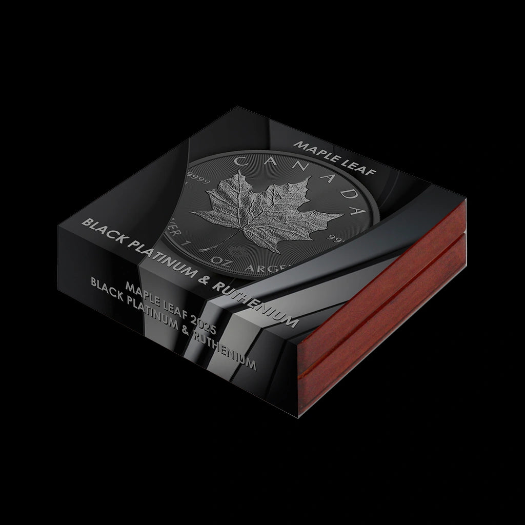 2025 1 oz Silver Maple Leaf coin ennobled with black platinum and ruthenium
