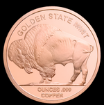 Copper coin with a buffalo design and 'Golden State Mint' text on a white background