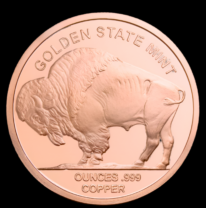 Copper coin with a buffalo design and 'Golden State Mint' text on a white background
