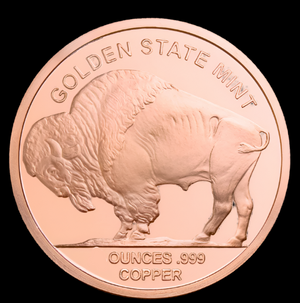 Copper coin with a buffalo design and 'Golden State Mint' text on a white background