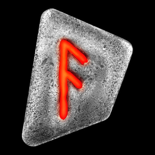A 1 oz cast silver bar with the Ansuz rune, a symbol from the Elder Futhark system, depicted in red on a textured grey background, representing a piece of collectible or numismatic value.