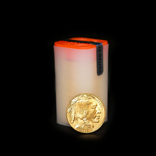 A sealed tube with a single gold coin in front of it, representing the American Gold Buffalo coin.