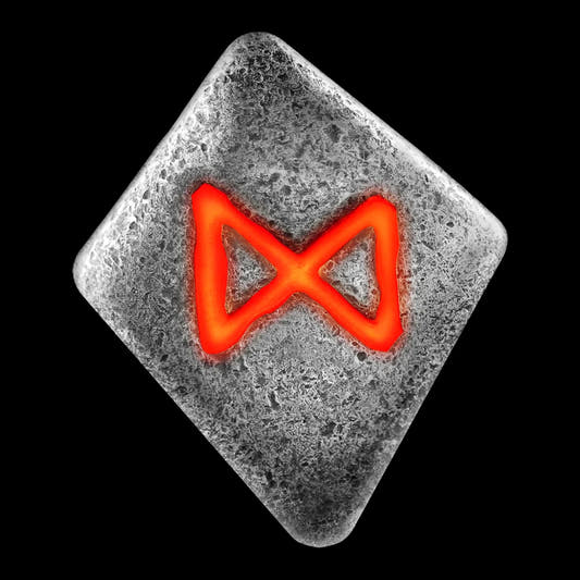 A 1 oz silver cast bar with the Dagaz Rune symbol, featuring a bright red UV-reactive color on a textured silver surface against a black background.