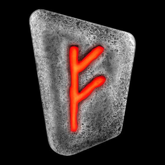 A 1 oz cast silver bar with the Fehu Rune symbol, featuring a serial number and official mint mark, against a black background.