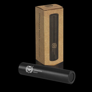 A black Germania Mint UV flashlight with a sleek design, displayed next to its packaging box which is also visible.