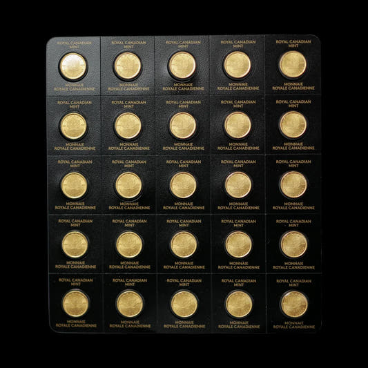 An array of 25 individual 1-gram gold coins from Canada, each with the iconic sugar maple leaf on the reverse and the effigy of Queen Elizabeth II on the obverse, sealed in a divisible blister pack.