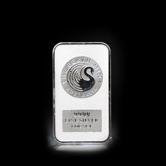 A 1 oz silver bar featuring a kangaroo design and labeled 'Fine Silver' with 'The Perth Mint' branding.