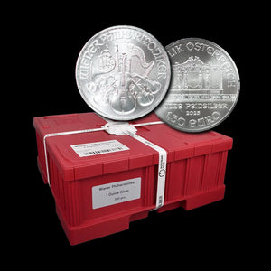 Austria Mint Silver Philharmonic 1oz Coin both sides with a Monster box in the background