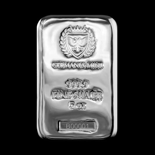 A 5 oz silver cast bar with the Germania Mint branding, serial number, and weight indication on it.