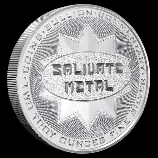 A 2 oz silver round with the Salivate Metal emblem and a 3D beveled star design on the obverse, and a custom coat of arms on the reverse.