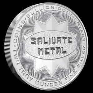 A 2 oz silver round with the Salivate Metal emblem and a 3D beveled star design on the obverse, and a custom coat of arms on the reverse.