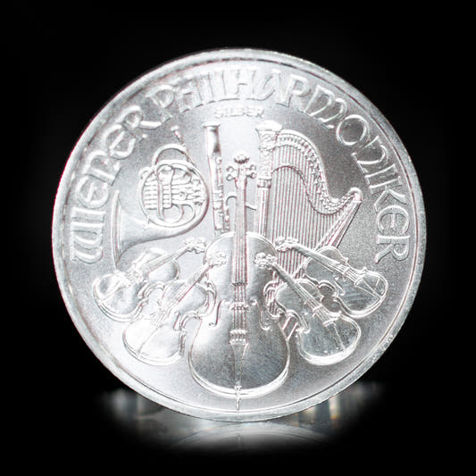 A 1 oz silver coin featuring an design with a pipe organ and the text 'SILVER PHILHARMONIC'.