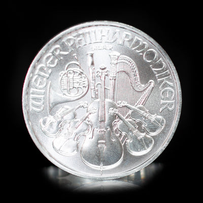 A 1 oz silver coin featuring an design with a pipe organ and the text 'SILVER PHILHARMONIC'.