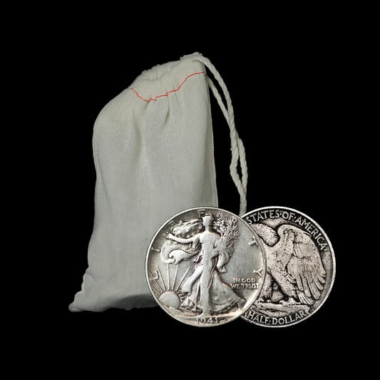 90% junk silver with 'WALKING LIBERTY' design next to a white cloth bag on a black background
