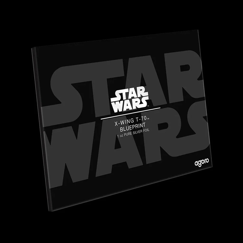 Star Wars Blueprint-style drawing of the X-Wing Fighter Ship Collectible Silver Coin Packaging